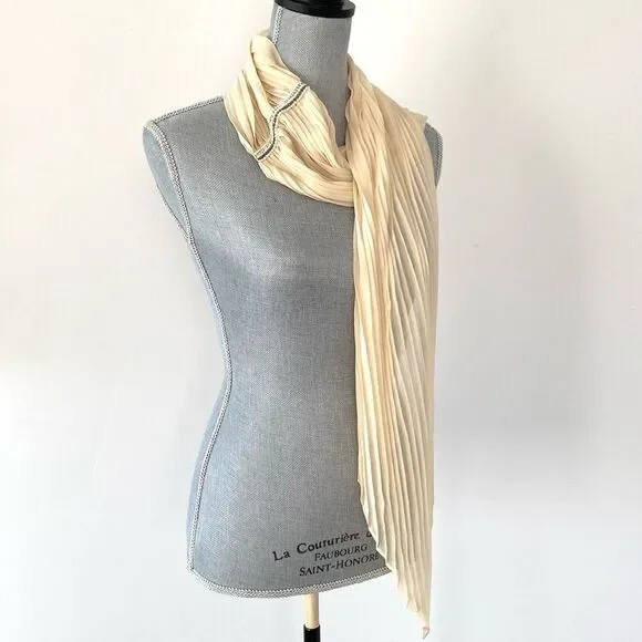 Vintage Cream Delicate Pleated Silk Scarf 79” Beaded Victorian Romantic Firly